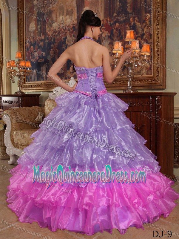 Lilac and Pink Ball Gown Halter Organza Beading Quinceanera Dress in Concord