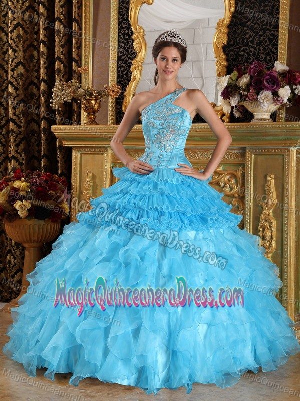Aqua Blue One Shoulder Satin and Organza with Beading Quinceanera Dress