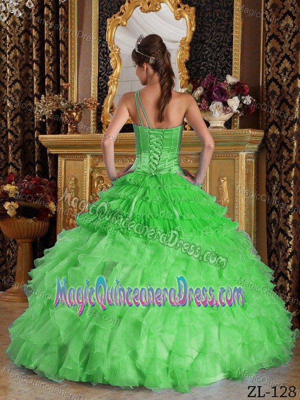 Spring Green Ball Gown One Shoulder Ruffled Organza Beading Quinceanera Dress
