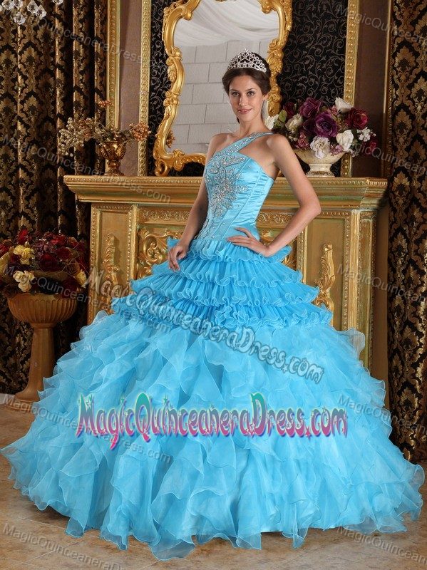 Aqua Blue One Shoulder Satin and Organza with Beading Quinceanera Dress