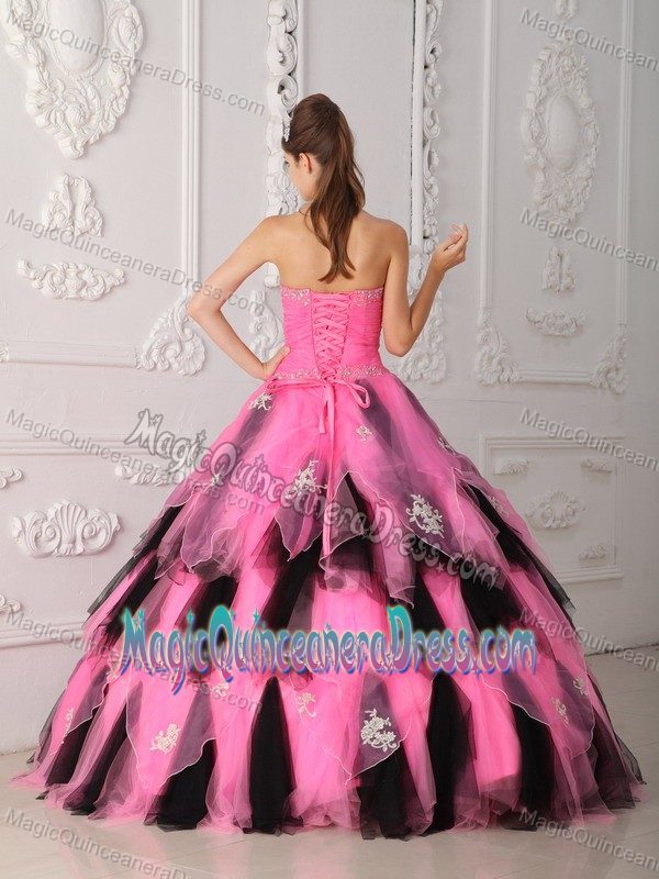 Pink and Black Princess Strapless Organza Appliques Quinceanera Gown Dresses
