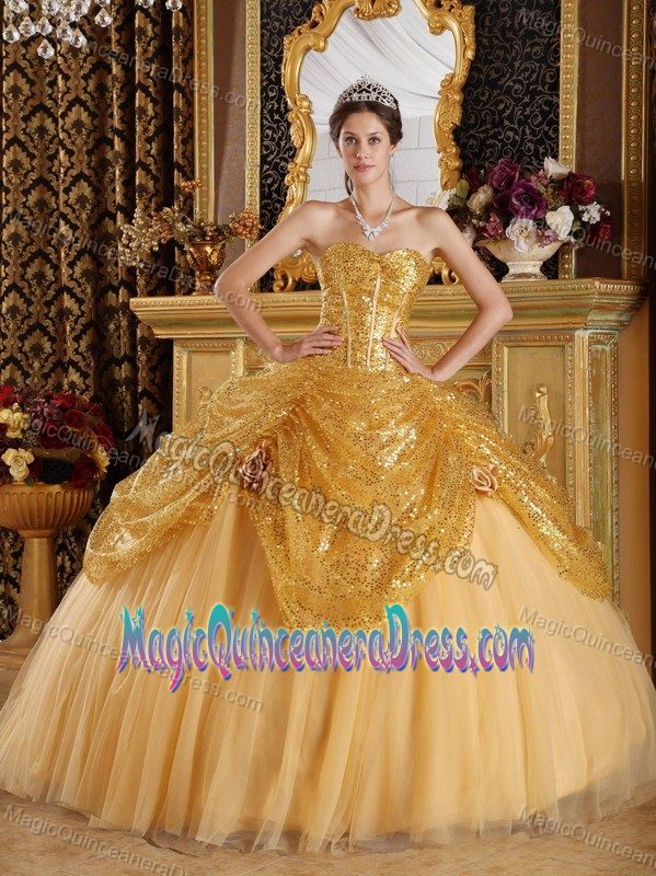 Gold Sweetheart Sequined and Tulle Hand Made Flowers Quinceanera Dress