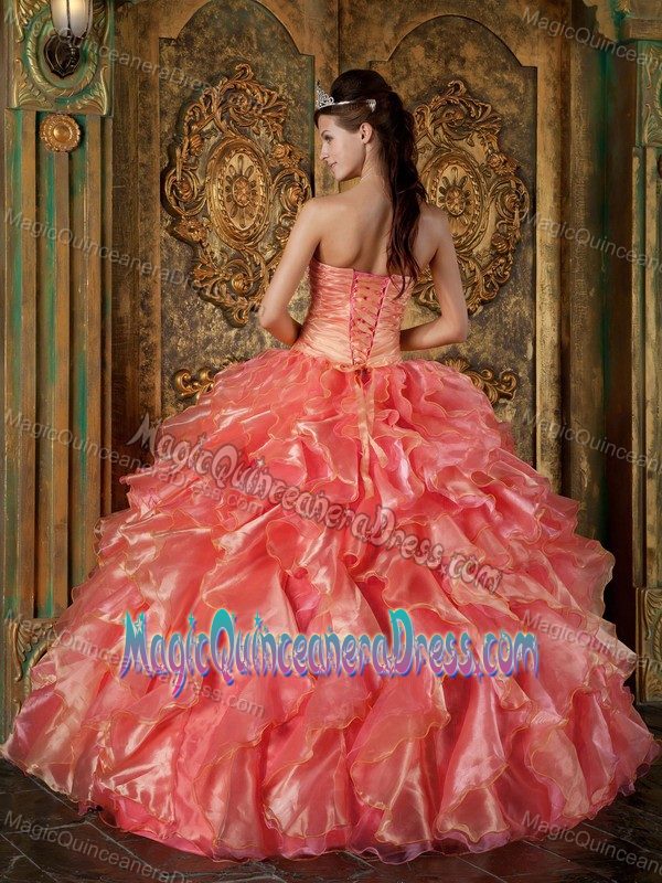 Coral Red Strapless Beading and Ruffles Quinceanera Dress in Lincoln NE
