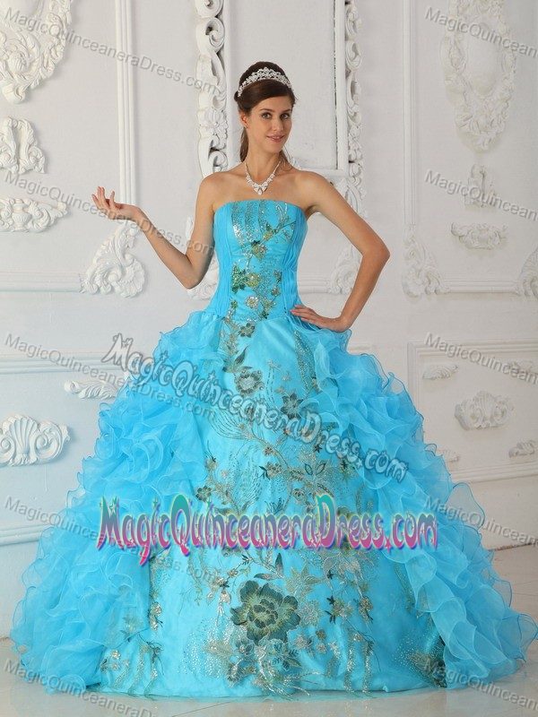 Aqua Blue Strapless Floor-length Embroidery Quinceanera Dress in Kalispell