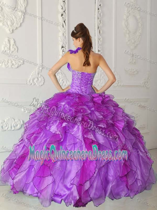 Purple One Shoulder Organza Beading and Ruffled Layers Quinceanera Dress