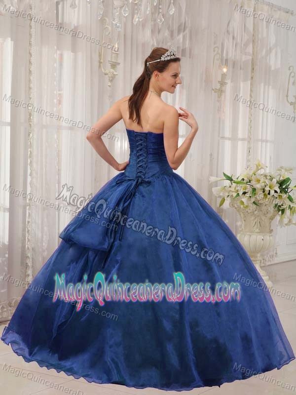 Blue Ball Gown Organza Sweet 15 Dress with Beading and Ruching in Columbia