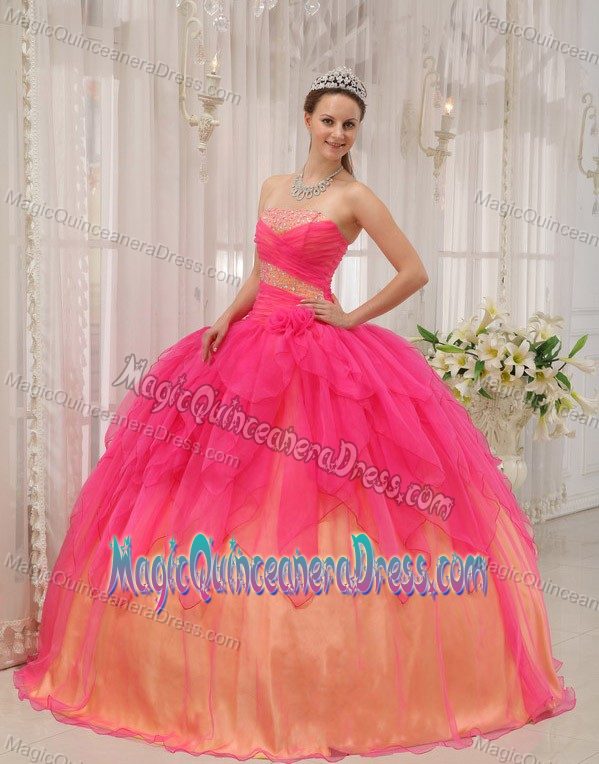 Hot Pink Strapless Organza with Beading Quinceanera Dress in Cape Girardeau