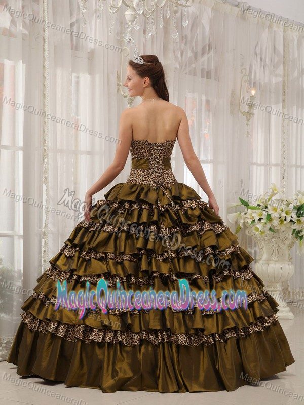 Brown Sweetheart Taffeta and Leopard Ruffles Quinceanera Dress in Chesterfield
