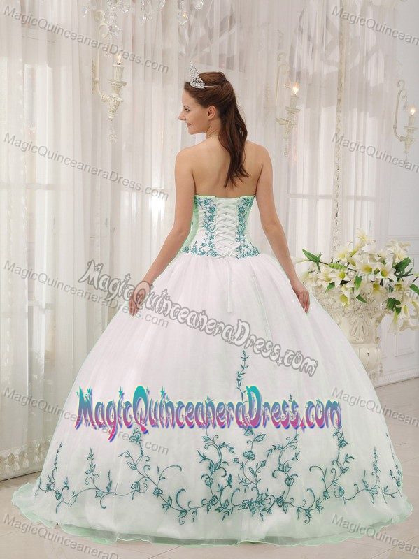White and Blue Sweetheart Organza with Embroidery Quinceanera Dress