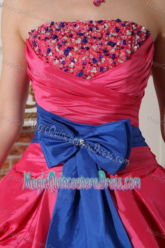 Hot Pink Strapless Taffeta Beading and Bowknot Quinceanera Dress in Roseville