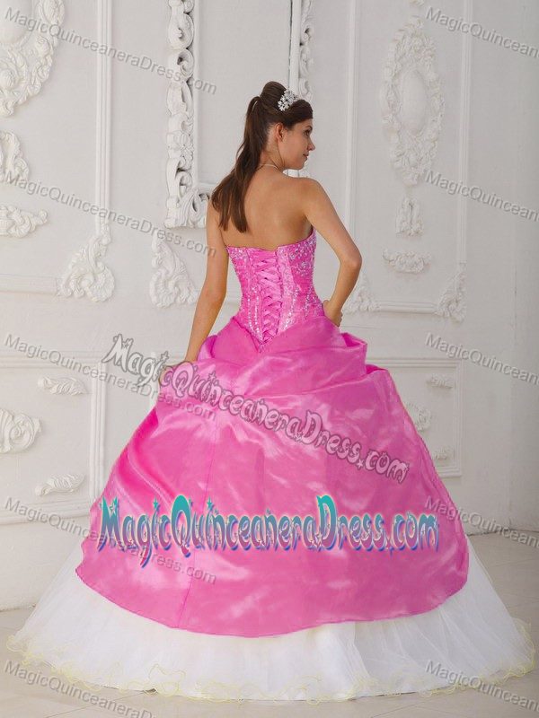 Hot Pink and White Strapless Appliques and Hand Flower Quinceanera Dress