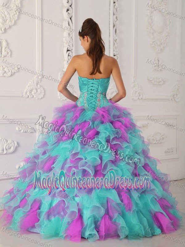 Strapless Organza Ruffles and Hand Made Flower Quince Dress in Multi-color