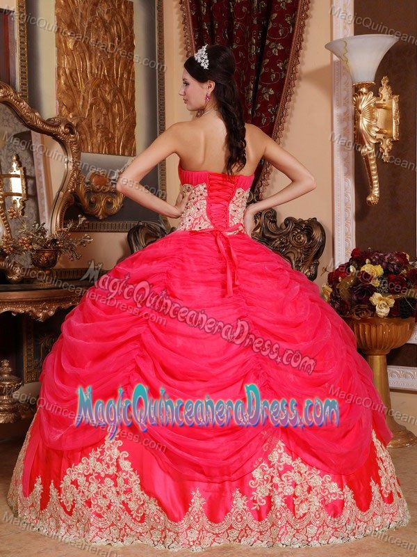 Coral Red Ball Gown Strapless Organza Beading Quince Dress in Minneapolis