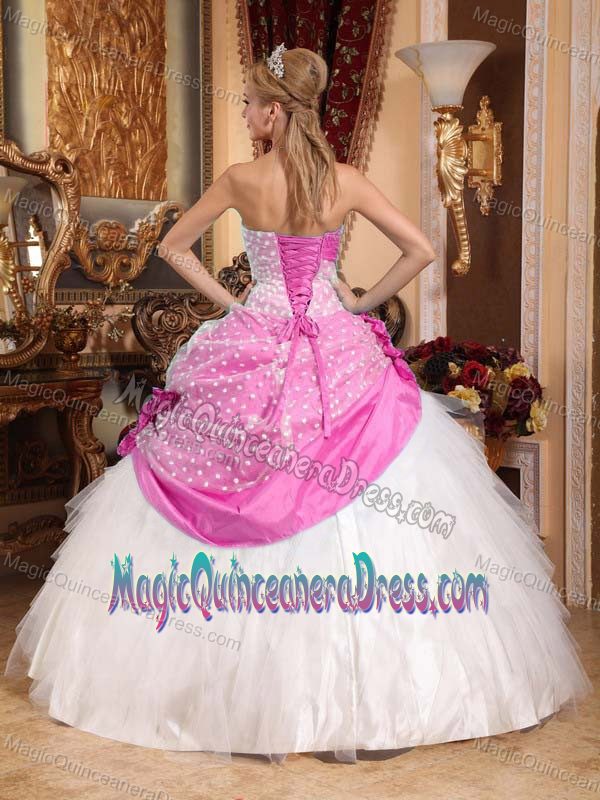 Beautiful Strapless Hand Made Flowers Quinceanera Dress Pink and White