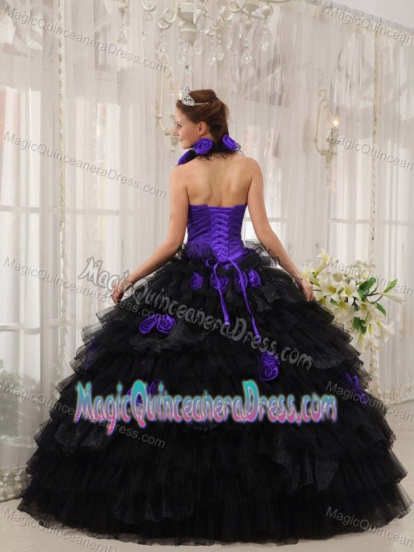 Eden Prairie Purple and Black Halter Top Hand Made Flowers Sweet 15 Dresses