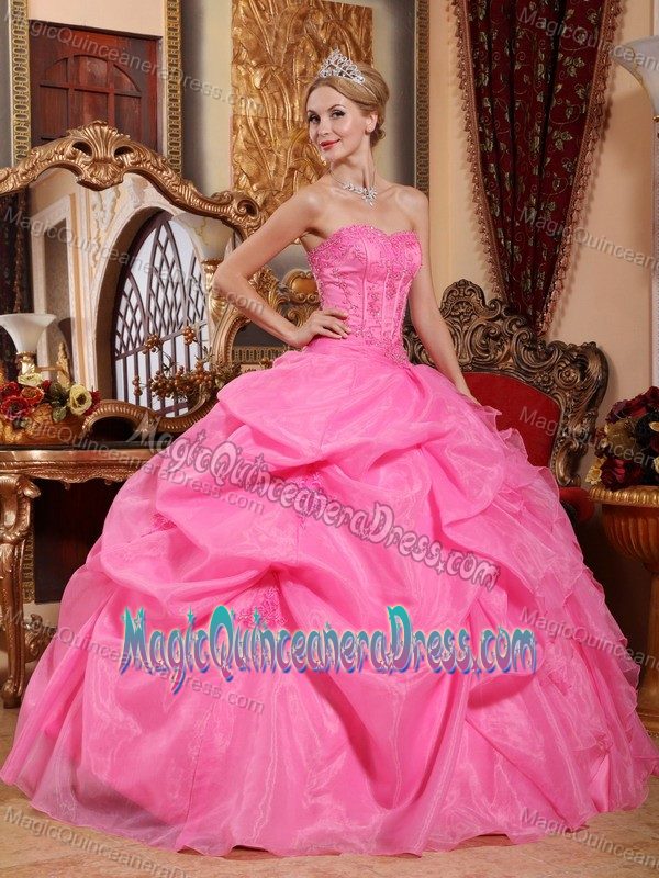 Rose Pink Strapless Organza Appliques Quinceanera Dress with Pick-ups