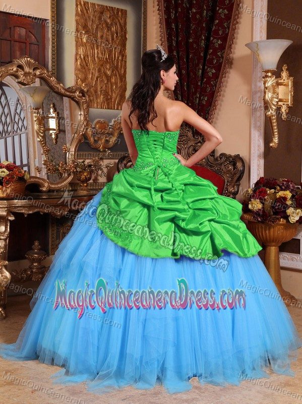 Green and Blue Strapless Appliques with Beading Quinceanera Dress in Saginaw