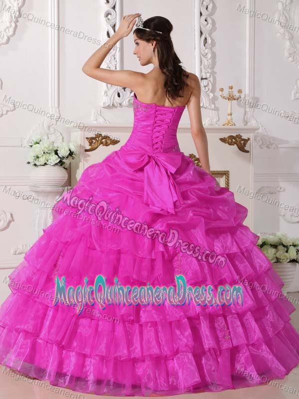 Hot Pink Strapless Organza Quinceanera Dress with Appliques and Ruffled Layers