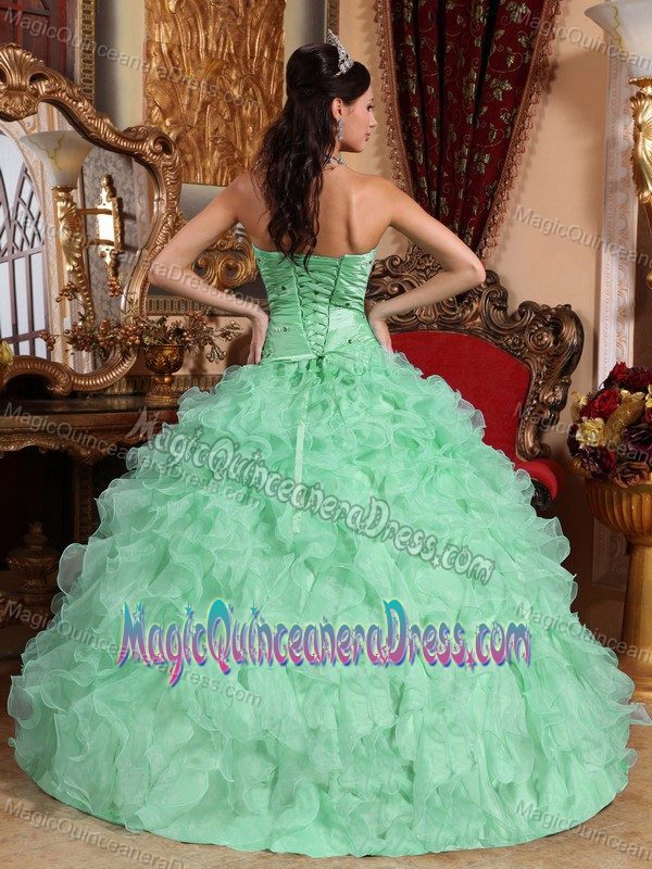 Apple Green Sweetheart Organza Beading and Ruffles Quinceanera Gown Dresses
