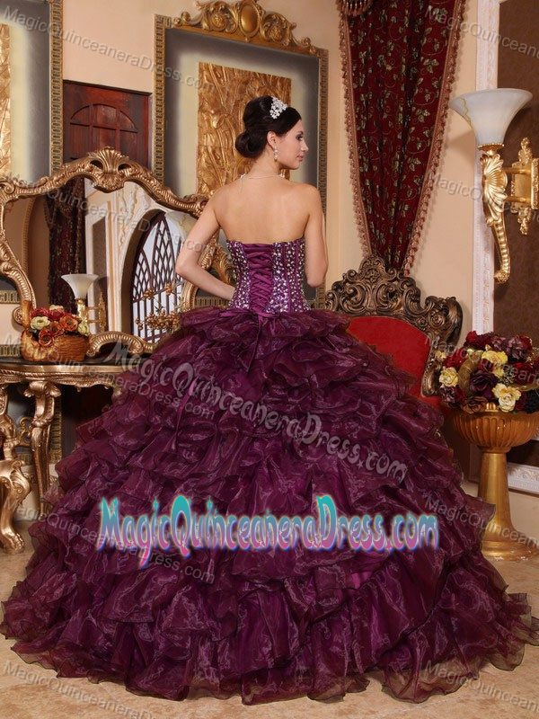 Dark Purple Sweetheart Organza Sequins and Ruffles Quince Dress in Kalamazoo