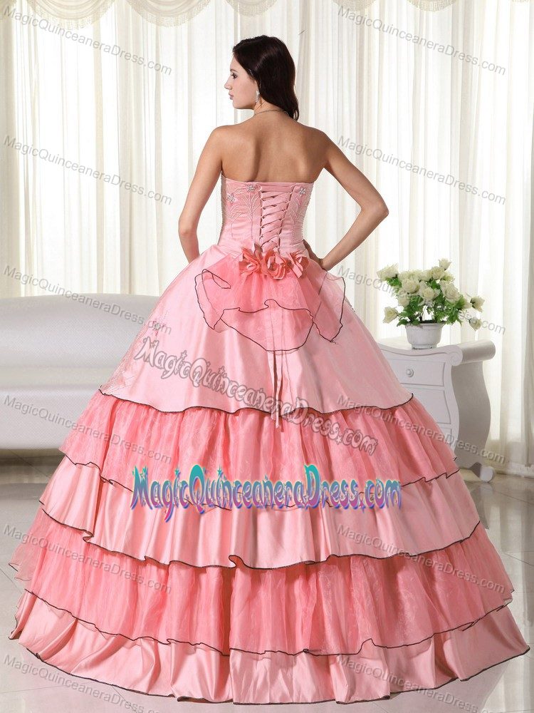 Watermelon A-line Strapless Hand Made Flowers Beading Quinceanera Dress
