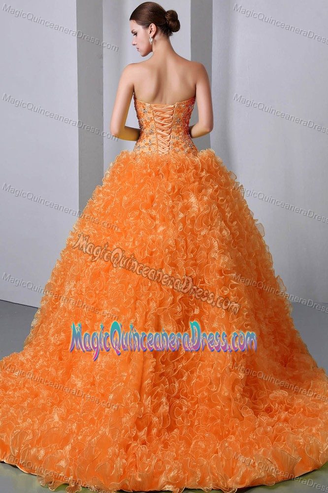 Orange Red Beaded Sweetheart Brush Quince Dresses with Ruffles in Troy