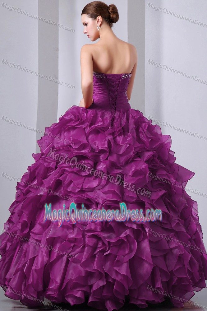 Eggplant Purple Beaded Sweetheart Long Quinceanera Dresses with Ruffles