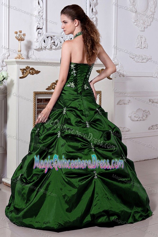 Hunter Green Halter Long Quinceanera Gown with Embroidery and Pick-ups