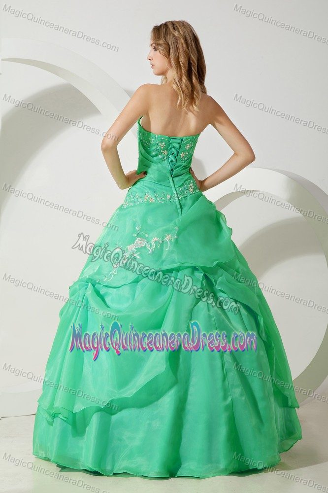 Pretty Green Strapless Full-length Quinceanera Gown Dress with Embroidery