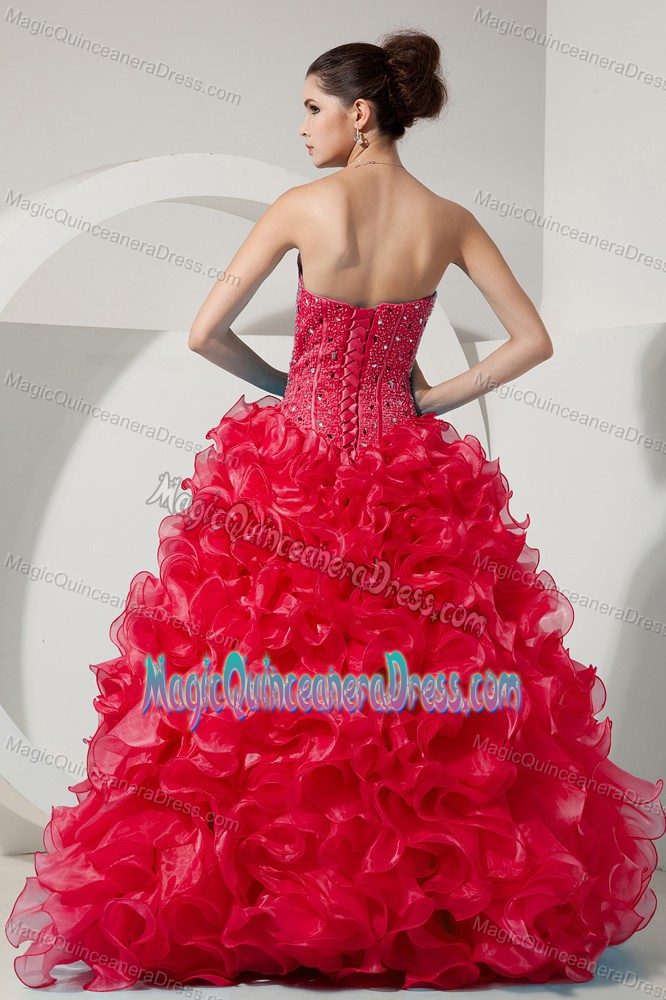 Coral Red Beaded Sweetheart Full-length Quince Dress with Ruffles in Flint
