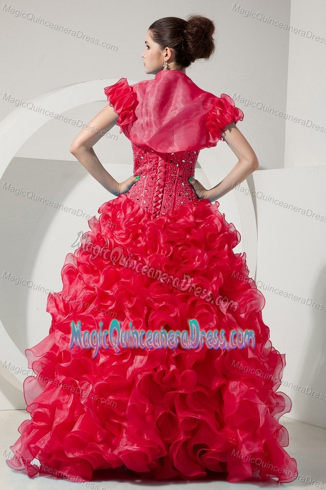 Coral Red Beaded Sweetheart Full-length Quince Dress with Ruffles in Flint