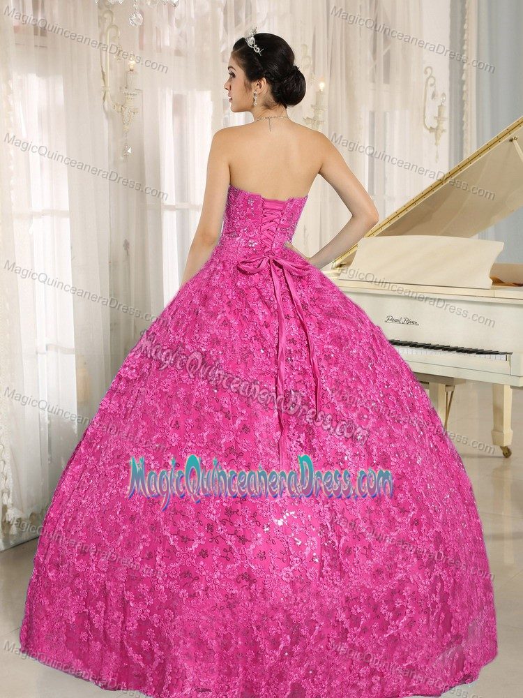 Hot Pink Sweetheart Long Quinceanera Gown with Embroidery and Sequins