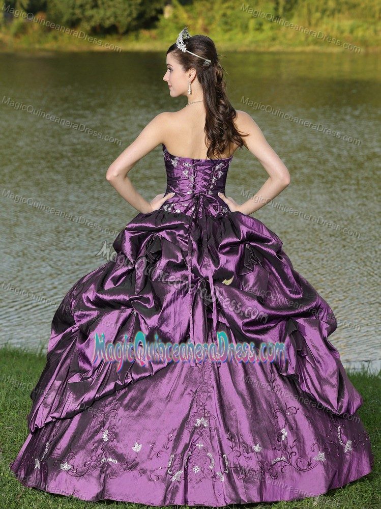 Elegant Purple Strapless Long Quince Dresses with Appliques and Pick-ups