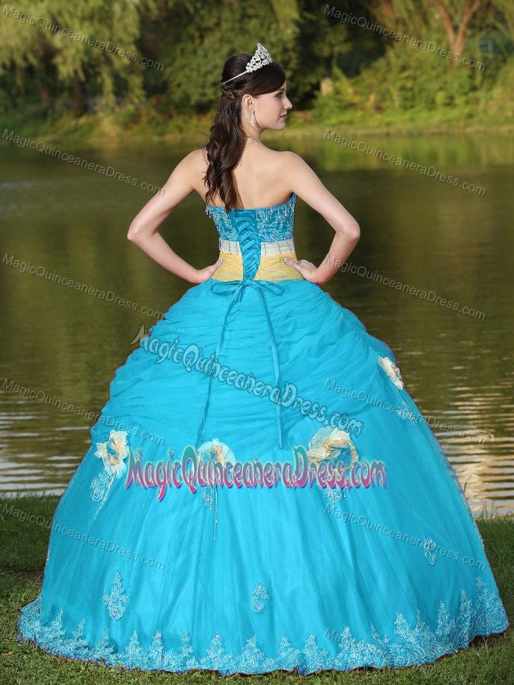 Aqua Blue Beaded Strapless Full-length Quinceanera Dresses with Flowers
