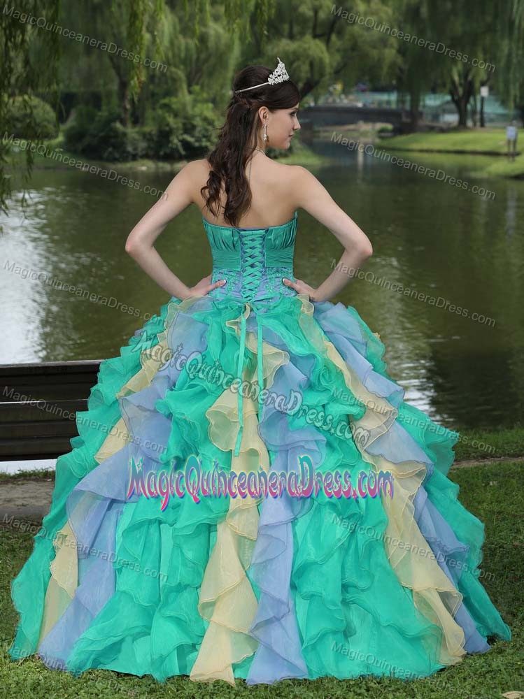 Colorful Appliqued Strapless Long Quinceanera Gowns with Ruffle-layers