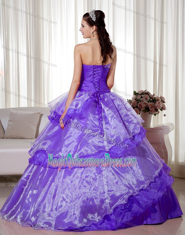 Purple Sweetheart Floor-length Quinceanera Gown with Flower and Layers