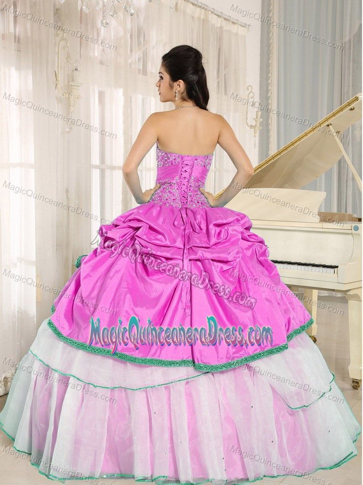 Hot Pink and White Beaded Sweetheart Long Quince Dresses with Pick-ups