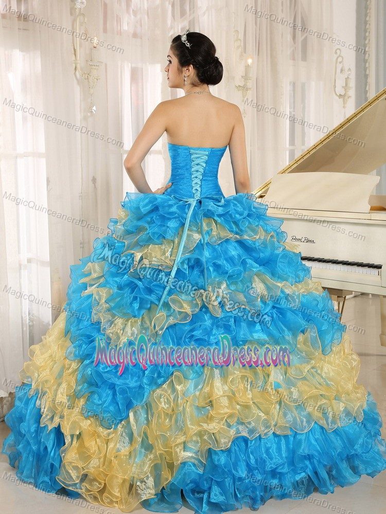 Sweetheart Blue and Yellow Full-length Quinces Dress with Ruffles in Boise