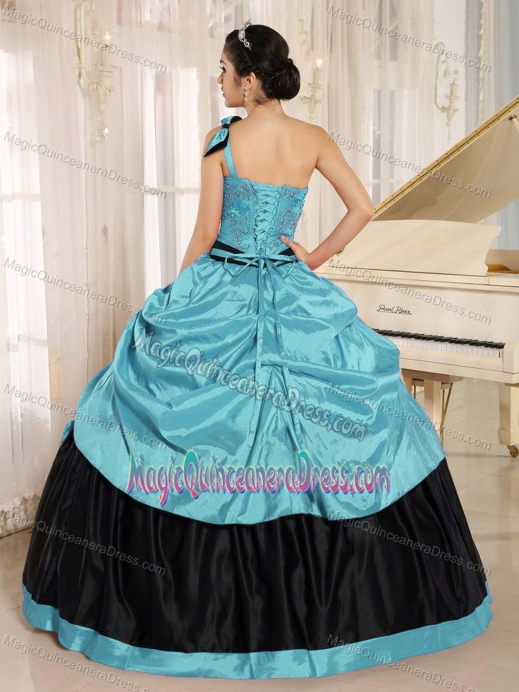 Blue and Black Appliqued One Shoulder Long Quince Dress with Bowknot
