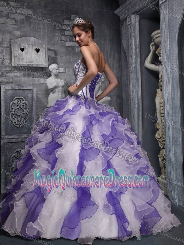 White and Purple Sweetheart Full-length Quince Dress with Ruffles in Lisle