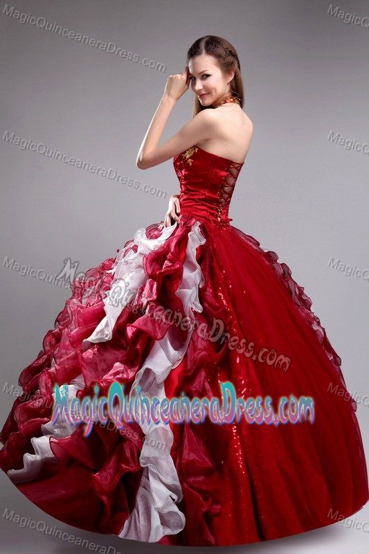 New Wine Red Appliqued Halter Long Sweet Sixteen Dresses with Ruffles