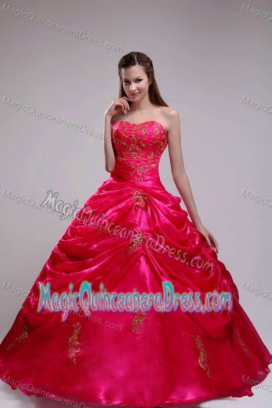Red Appliqued Strapless Full-length Quinceanera Gown Dress with Pick-ups