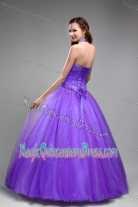 Elegant Lavender Beaded Halter Floor-length Quinceanera Gowns in Lowell