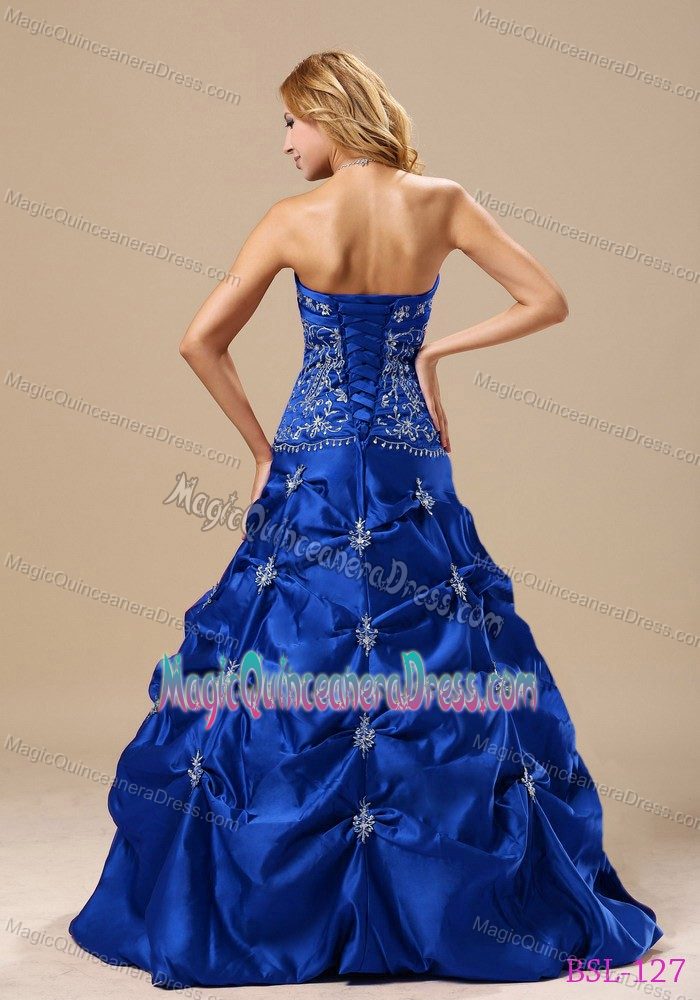 Royal Blue Strapless Long Quinces Dresses with Pick-ups and Embroidery