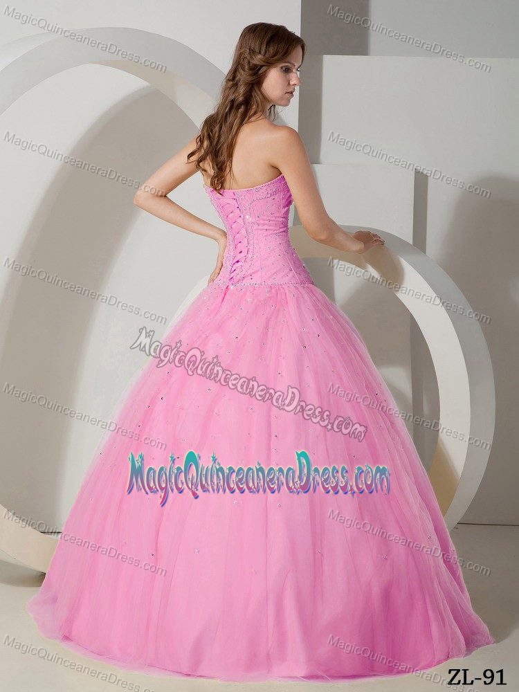 Cute Rose Pink Beaded Strapless Full-length Sweet 15 Dresses in Hyannis