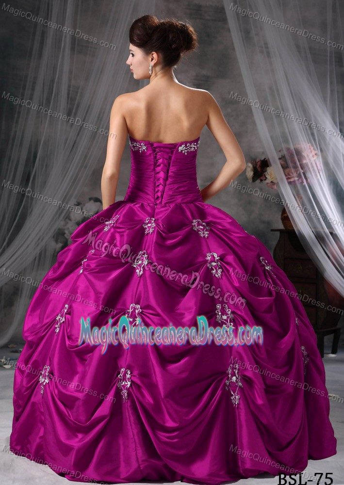 New Strapless Fuchsia Long Quinceanera Gown with Pick-ups and Appliques
