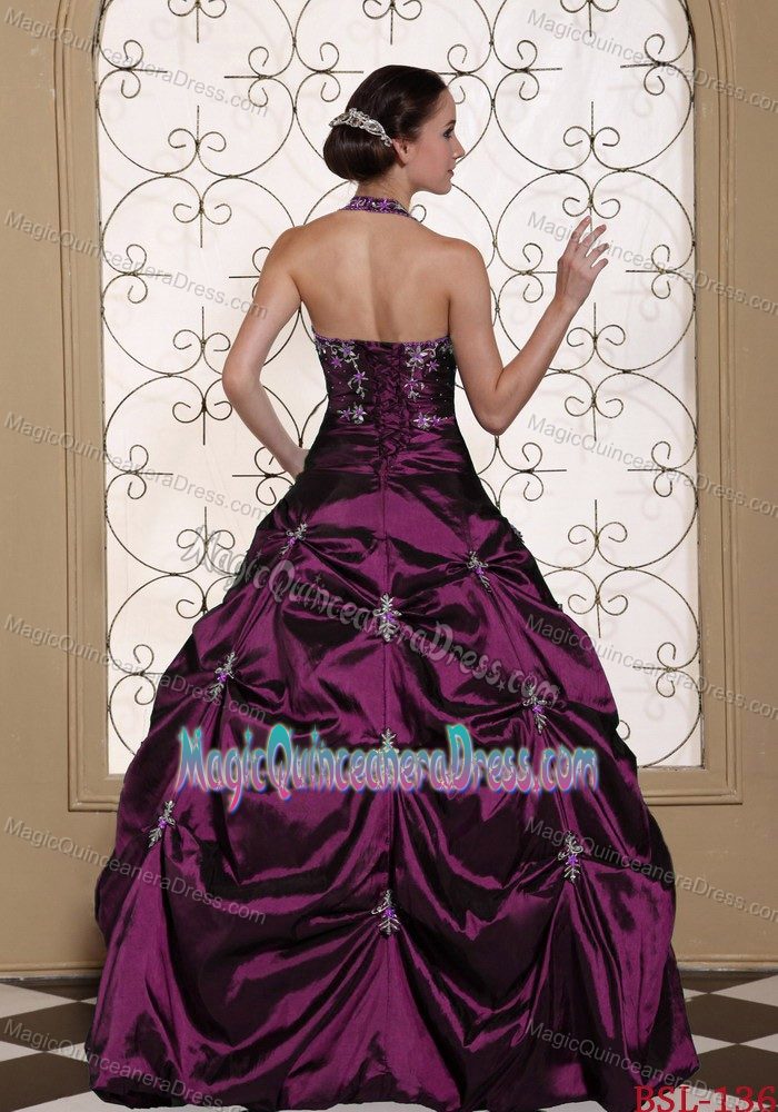Dark Purple Beaded Halter Long Dresses For Quinceanera with Embroidery