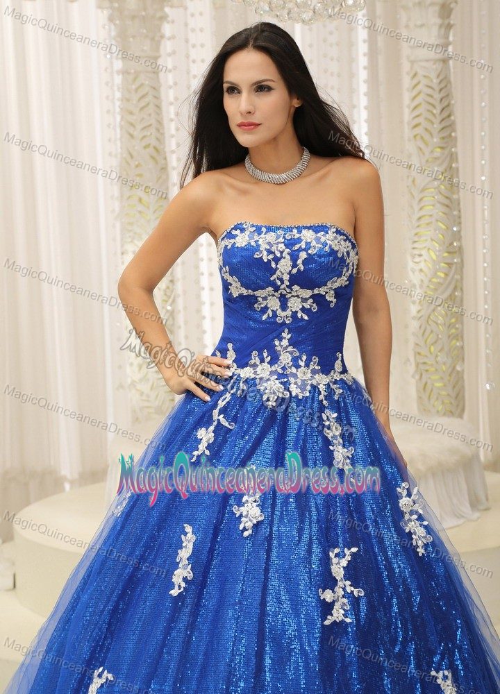Royal Blue Paillette Over Skirt Long Quinceanera Gown Dress with Appliques