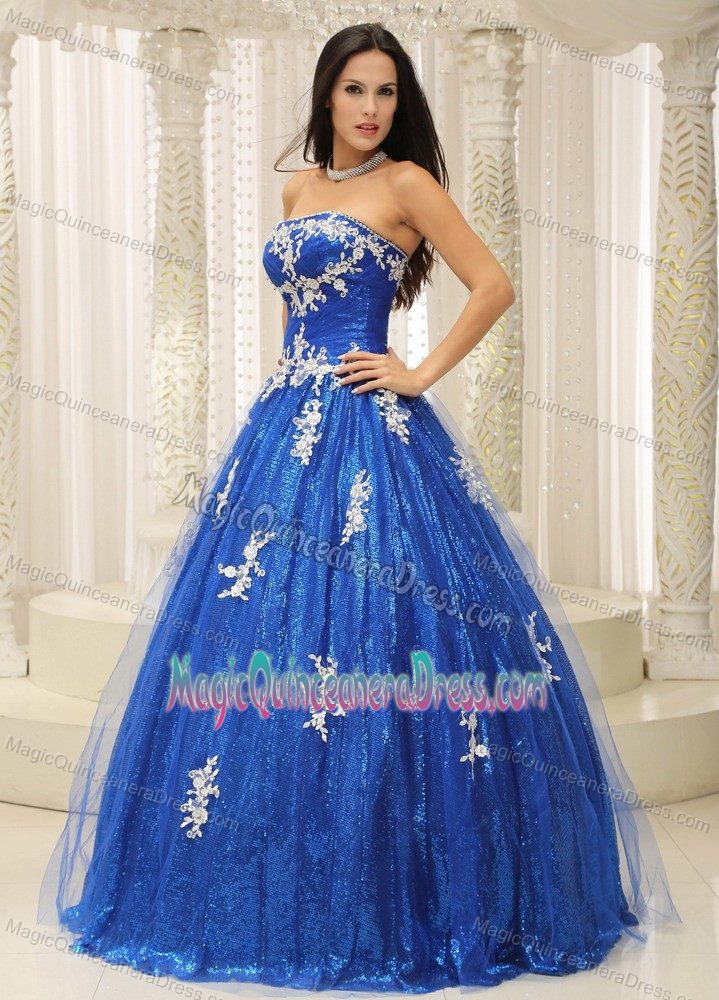 Royal Blue Paillette Over Skirt Long Quinceanera Gown Dress with Appliques
