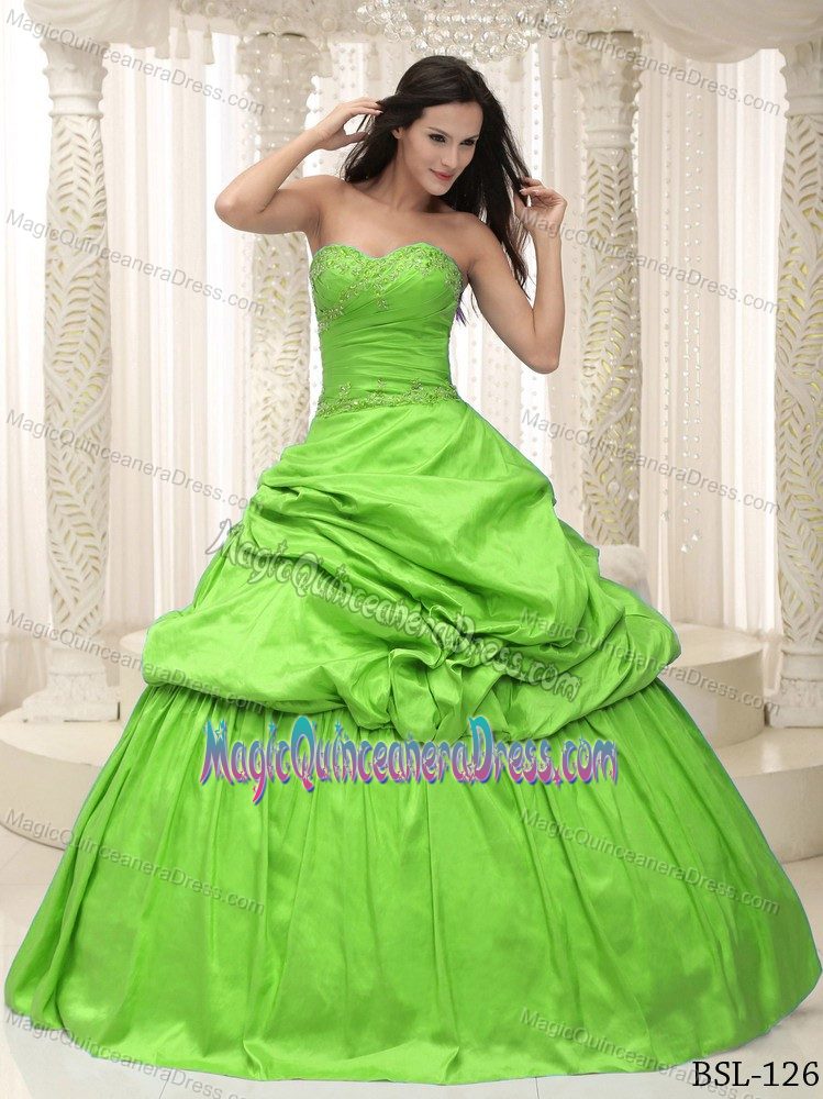 Spring Green Appliqued Sweetheart Quinceanera Gown Dress with Pick-ups